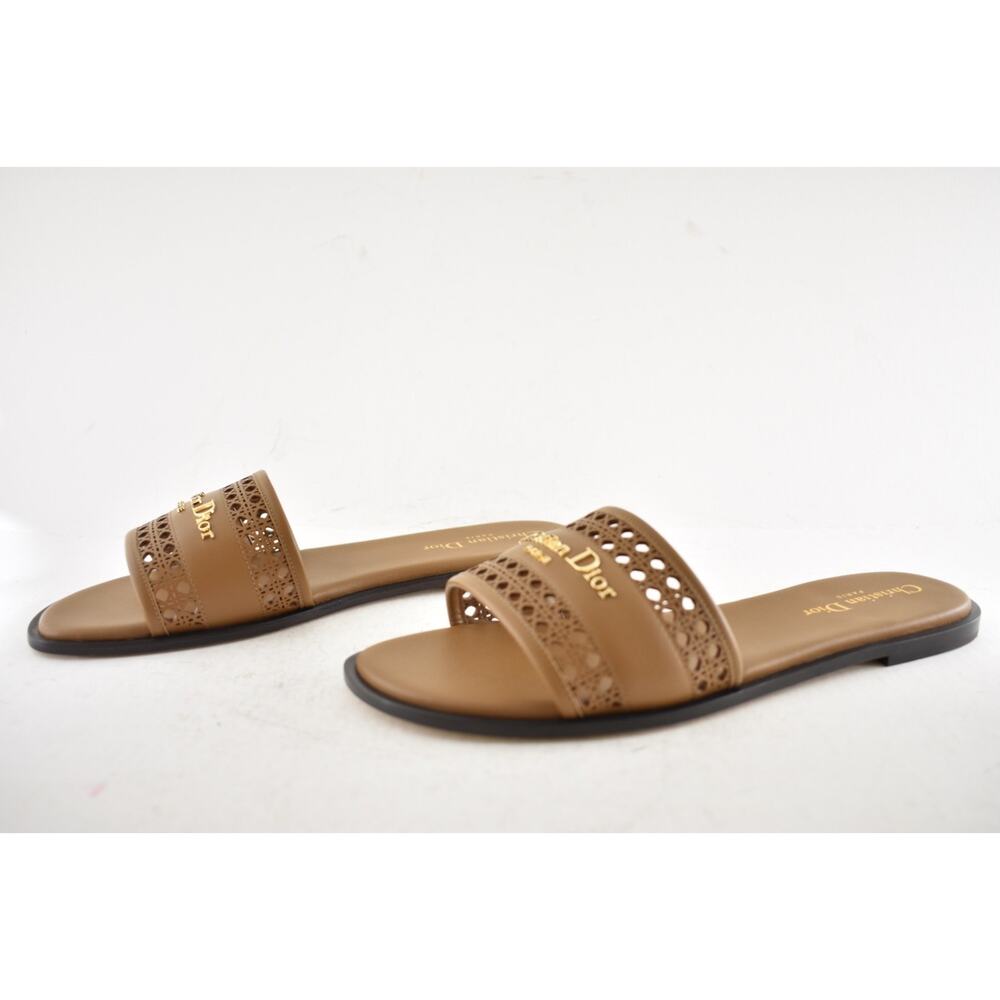Dior D-Lane Dway Micro Cannage Chestnut Brown Leather Logo Slide Flat Sandal 37 - Picture 15 of 16